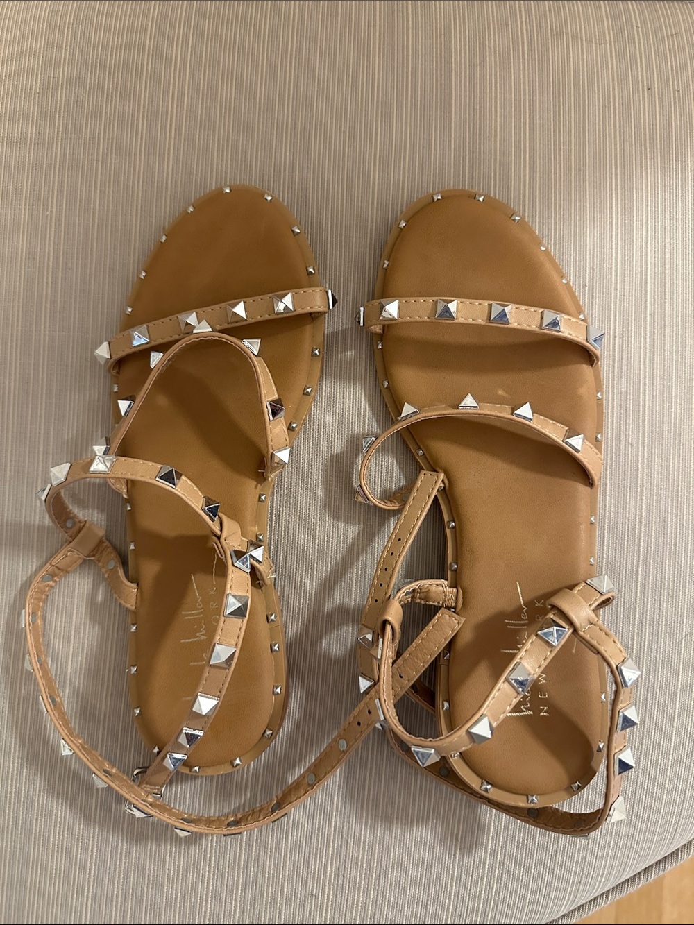 Nicole Miller Tan Studded Ankle-Strap Sandals